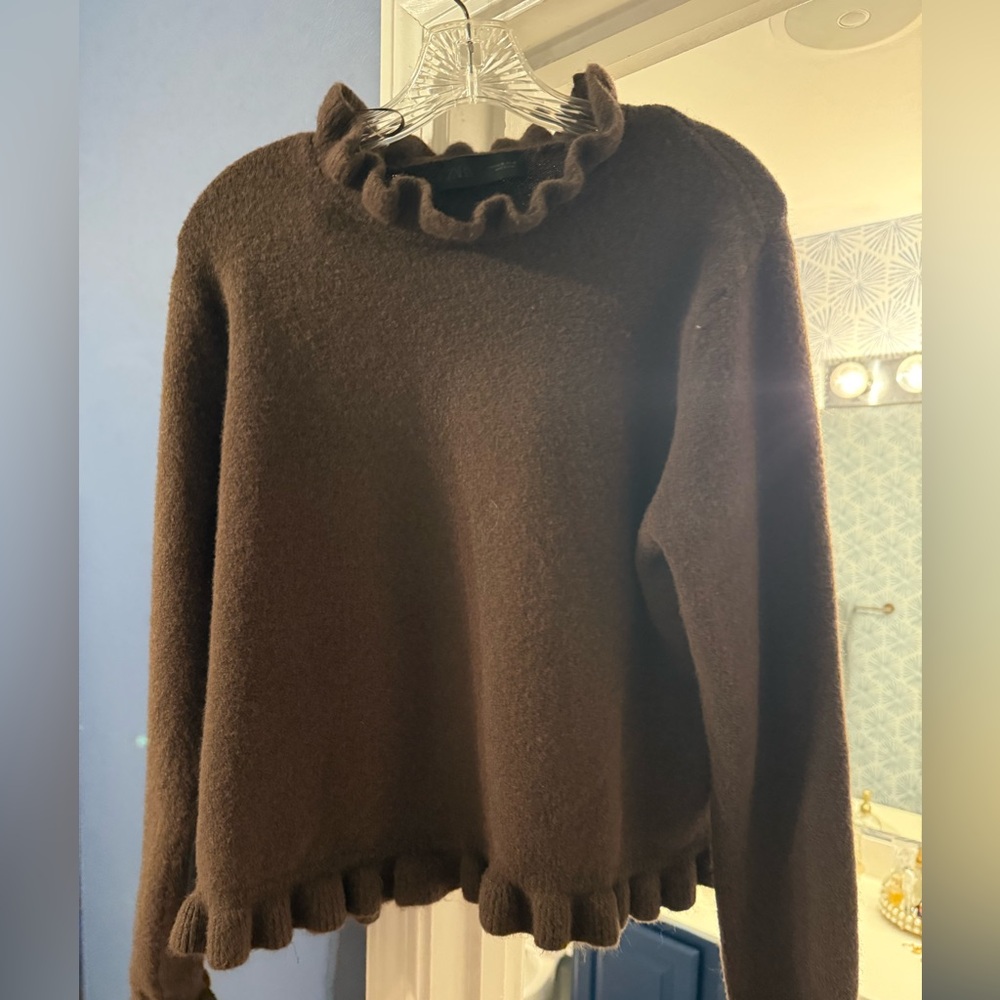 Zara Dark Brown Ruffle Trim Sweater